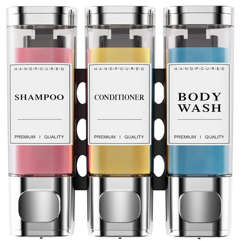 YECAYE Shampoo and Conditioner Dispenser, Shower Soap Dispenser Wall Mounted No Drill Shampoo Dispenser for Shower Wall, Bathroom Hotel 3 * 300ml Bottles Organiser Bottles