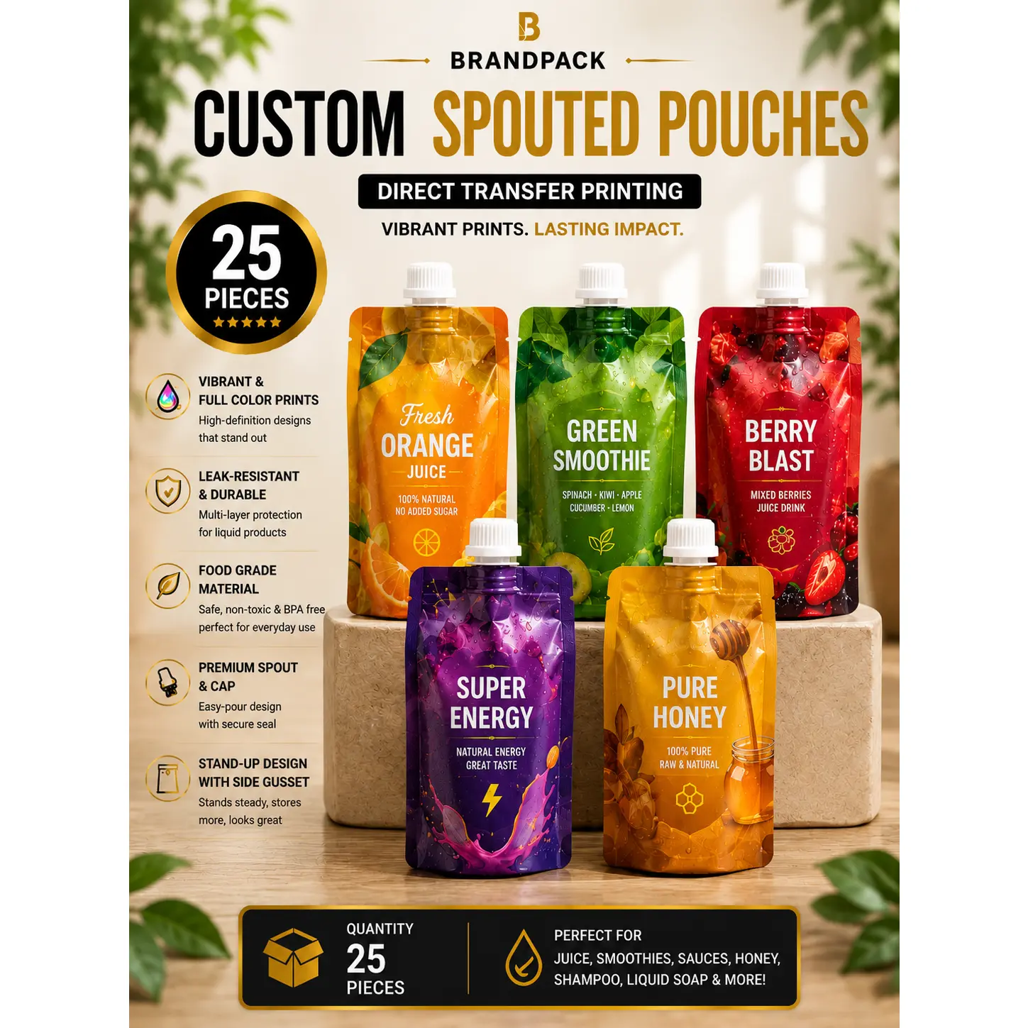 Custom Spouted Pouches | Direct Transfer Printing |25 Pieces