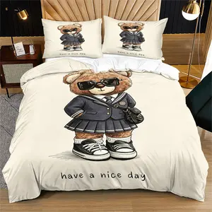 Cute and trendy teddy bear print pattern soft and durable bedding duvet cover set, including 1 duvet cover and 1 or 2 pillowcases, without a core or pillow, suitable for children or adults as gifts, modern style fashionable bedroom bed decoration
