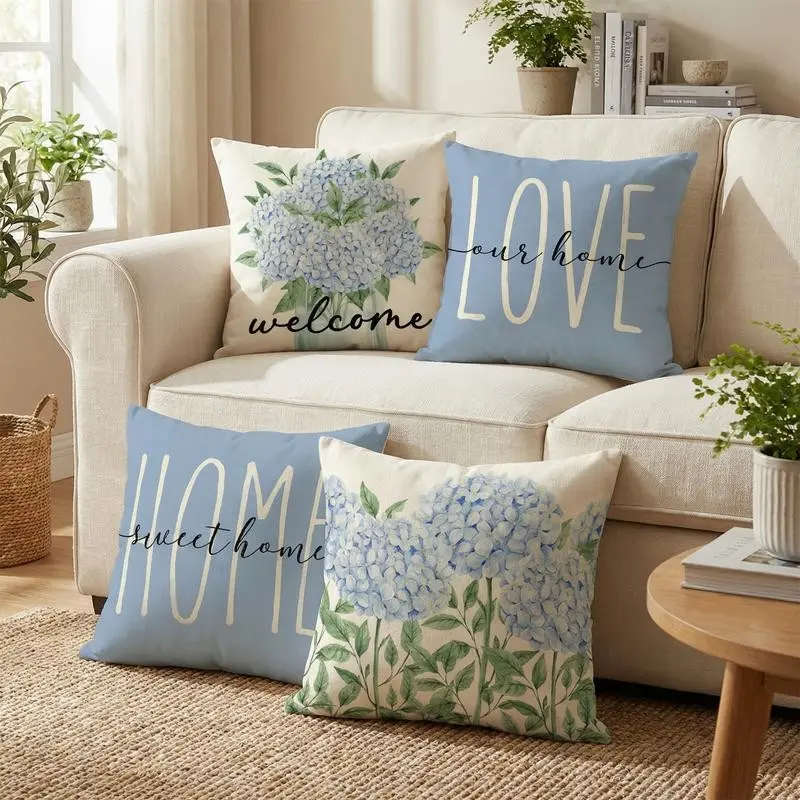 4 Piece Throw Pillow Covers Set, 40x40cm, 45x45cm, 50x50cm, Faux Suede Single Side Print, Simple Blue Floral Pattern, Cozy Neutral Farmhouse Style, Comfortable Living Room Sofa with Soft Square Decoration, No Core Included