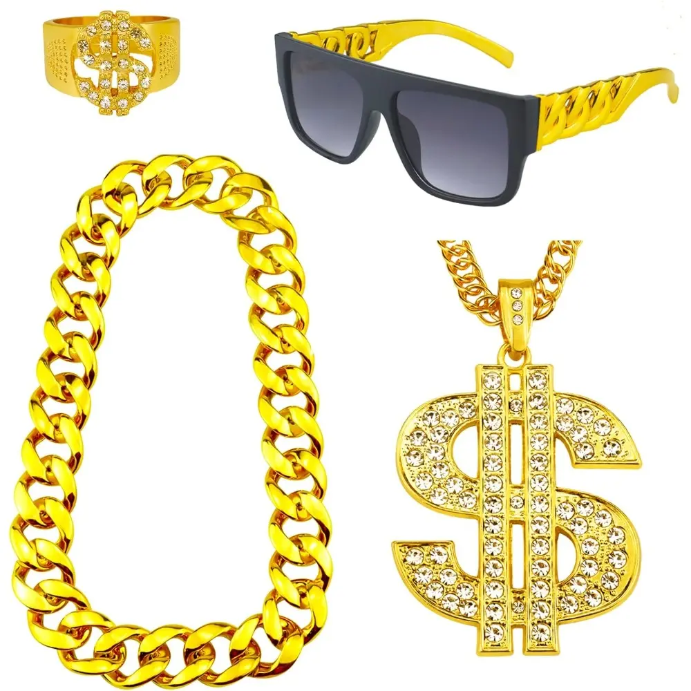 Zwenjuan CHip Hop,5 Pièces Hip Hop Dollar Chaîne & Anneau Bling Bling Gold Chain Lunettes Hip Hop pour Homme 80/90s Tenue Homme Accessoires Carnaval Costume