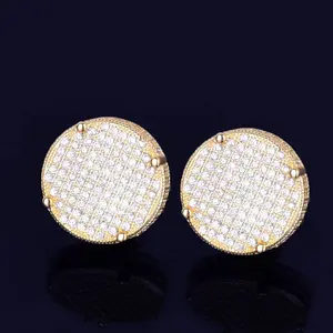[ICE HUE] 18K Gold Vacuum Plated Copper High Quality Stud Earrings, 14mm Large Round 5A+ Sri Lanka Zircon, Miami-Italy-Mexico & Micro Inspired Luxury Costume Jewelry for Women, Daily Wear & Gift Idea, Classic Hip Hop Simple Sporty Styles, High Quality Ear