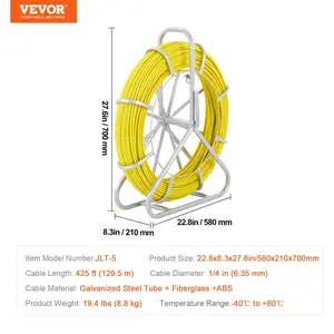 VEVOR Fish Tape Fiberglass, 425 ft, 1/4 inch, Duct Rodder Fishtape Wire Puller, Cable Running Rod with Steel Reel Stand, 3 Pulling Heads, Fishing Tools for Walls and Electrical Conduit, Non-Conductive