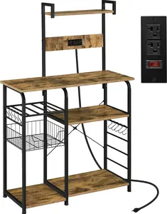 55" Industrial Kitchen Baker's Rack with Power Outlet, Utility Storage Shelf Unit w/Wire Basket & 10 Hooks for Kitchen/Dining room/Living Room, Metal Frame, Rustic Brown
