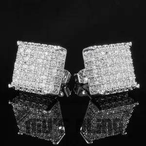 Trendy  Gold / Silver Color Bling Out Iced AAA Three-dimensional Zirconia Micropave Square Hip Hop Stud Earrings