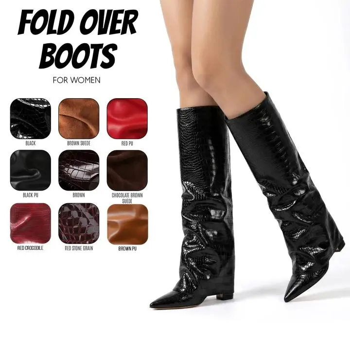 Fold Over Boots For Women Slouchy Boot Knee High Pointed Toe Chunky Block High Heel Wide Calf Easy Pull On Fashion Party Date Wedding Festival Dress Tall Long Boots