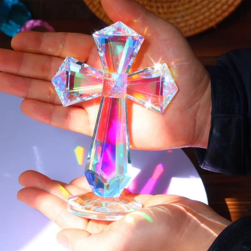 6.1" AB Color Crystal Cross Transparent Ornament - Elegant Glass Art Home Decor, Ideal Religious Christmas Gift for Office Crafts
