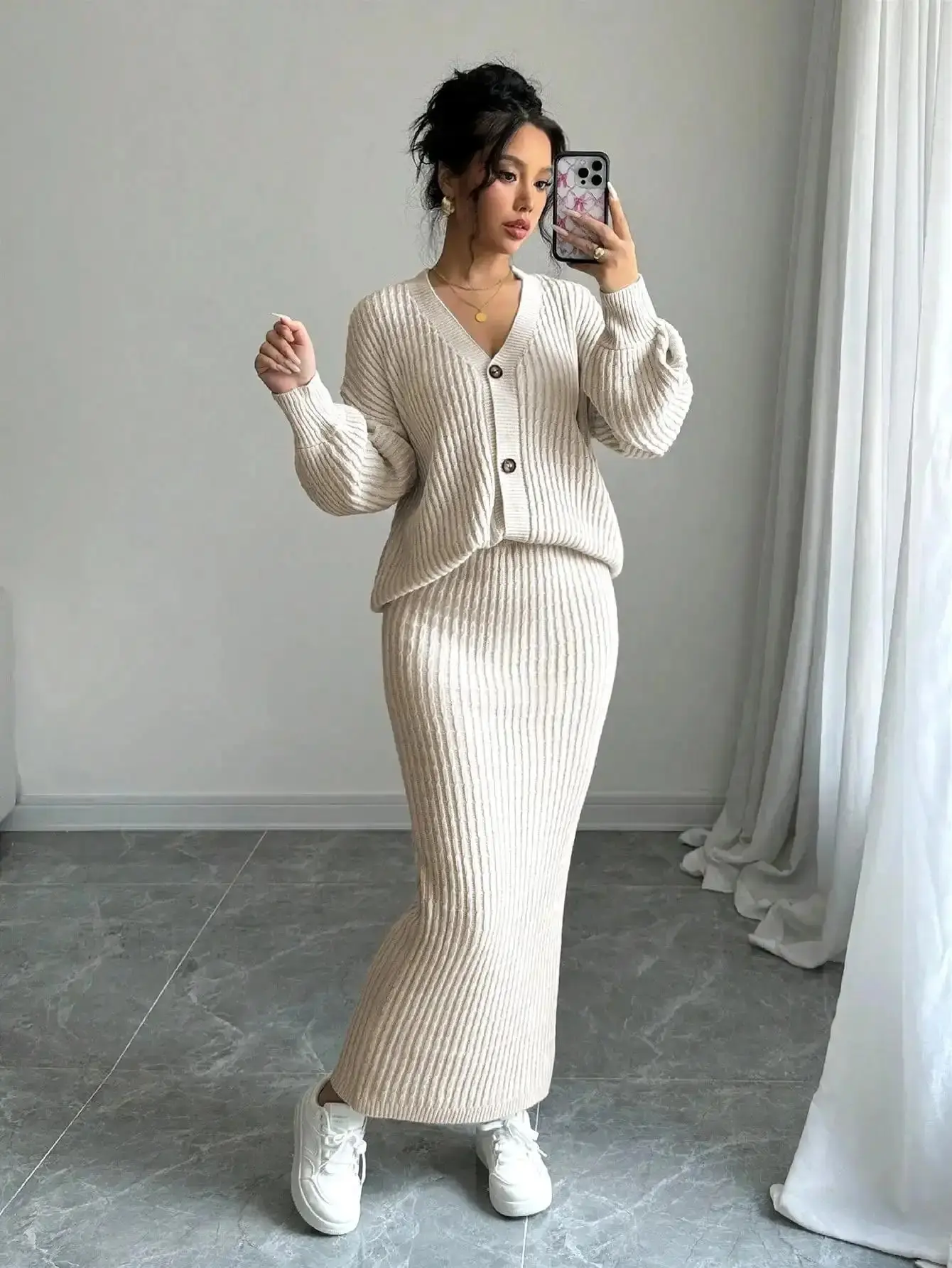 Women's Sleek 2 Piece Knit Skirt Set - Long Sleeve Ribbed Cardigan Top & Bodycon Maxi Sweater Outfit Coordinated Set, Fall Winter Lounge Matching Set, Button Down V-Neck Knitwear Co-Ord for Casual, Office