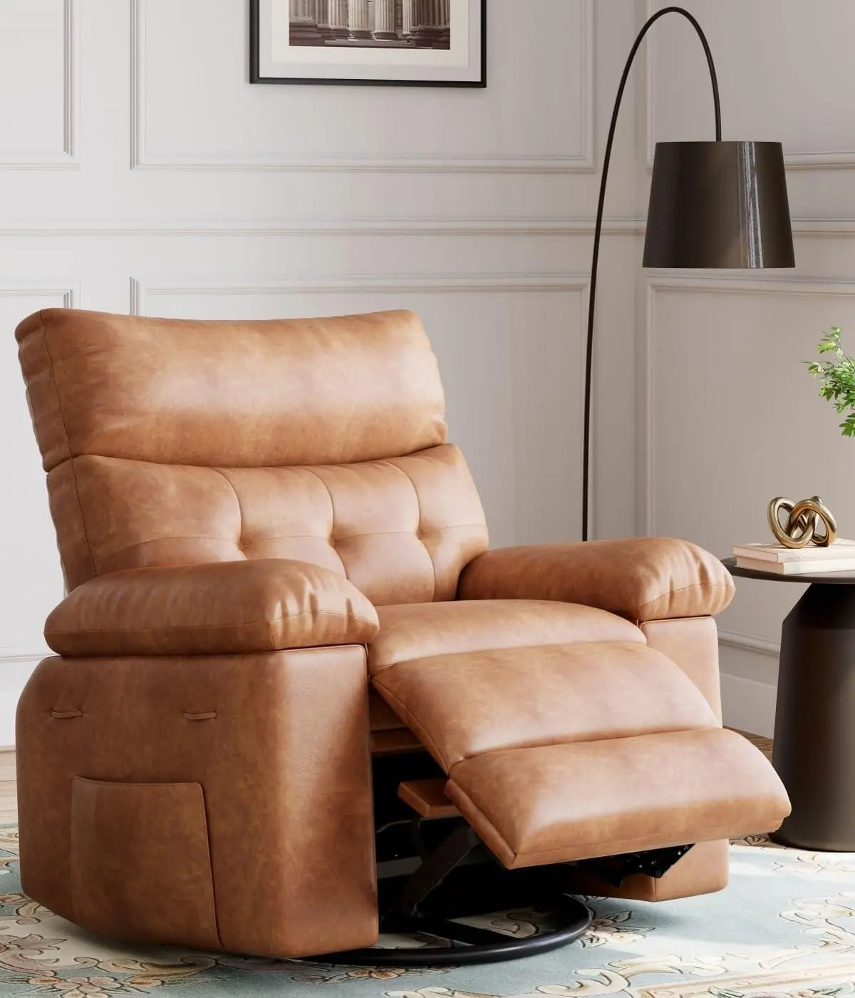Swivel Rocking Recliner Chair, 56 in Wide PU Leather Reclining Nursery Rockers with Heat & Massage, 360° Round Base Rocker Recliner Chair with Pull Handle, Silla Mecedora, Vintage Dual-Tone (brown)