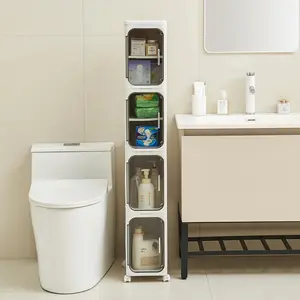 UFORU four-layer tall and narrow storage cabinet, made of plastic, with a slim design, doors and adjustable shelves, wheels, stackable and foldable, suitable for small spaces, bathrooms and kitchens.