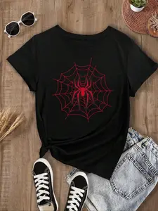 Women's Spider Web Print Round Neck Fitted Tee, Casual Short Sleeve T-shirt for Daily Wear, Ladies Summer Outfit, Halloween, Womenswear
