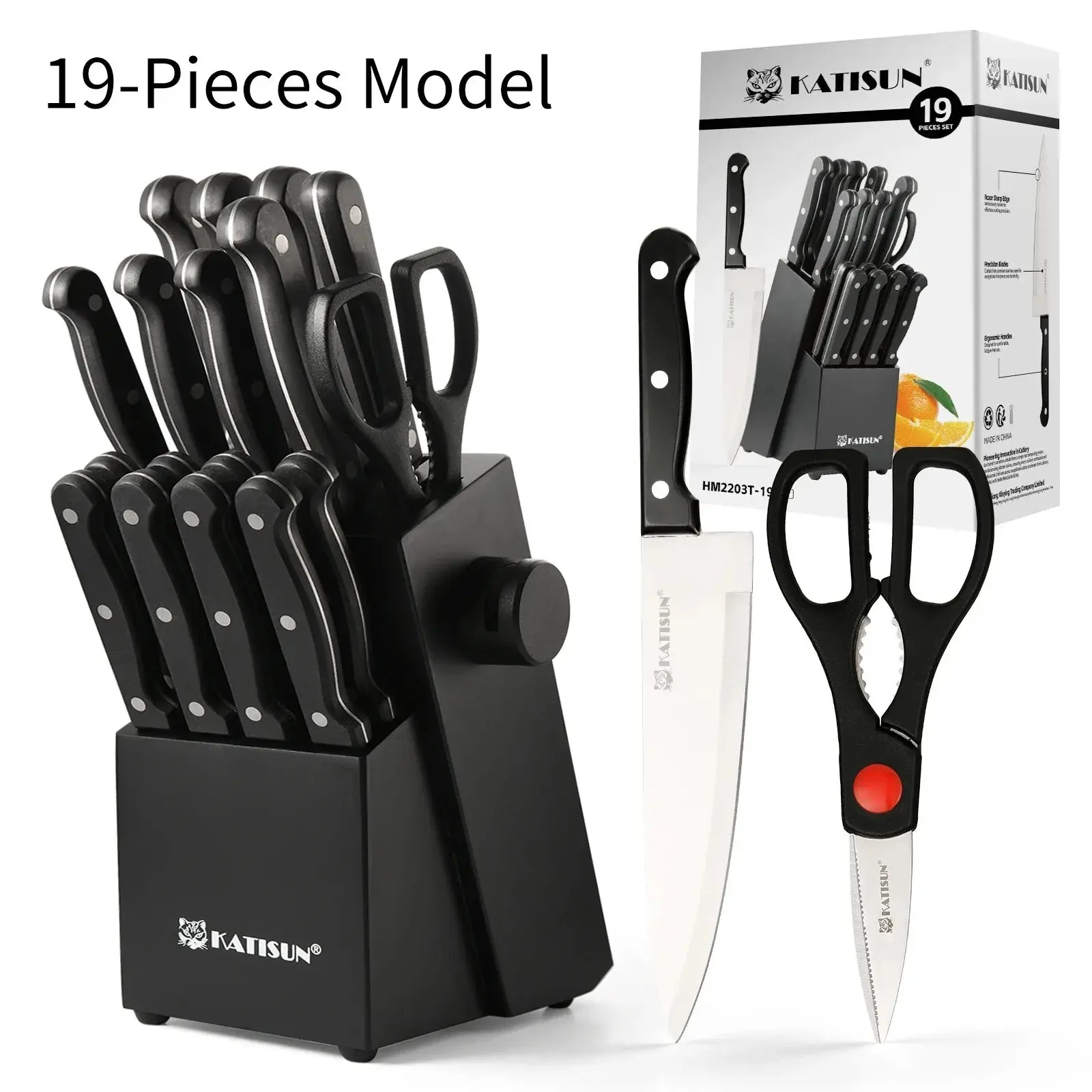 Katisun 19-Piece Carbon Steel Kitchen Knife Set with Block