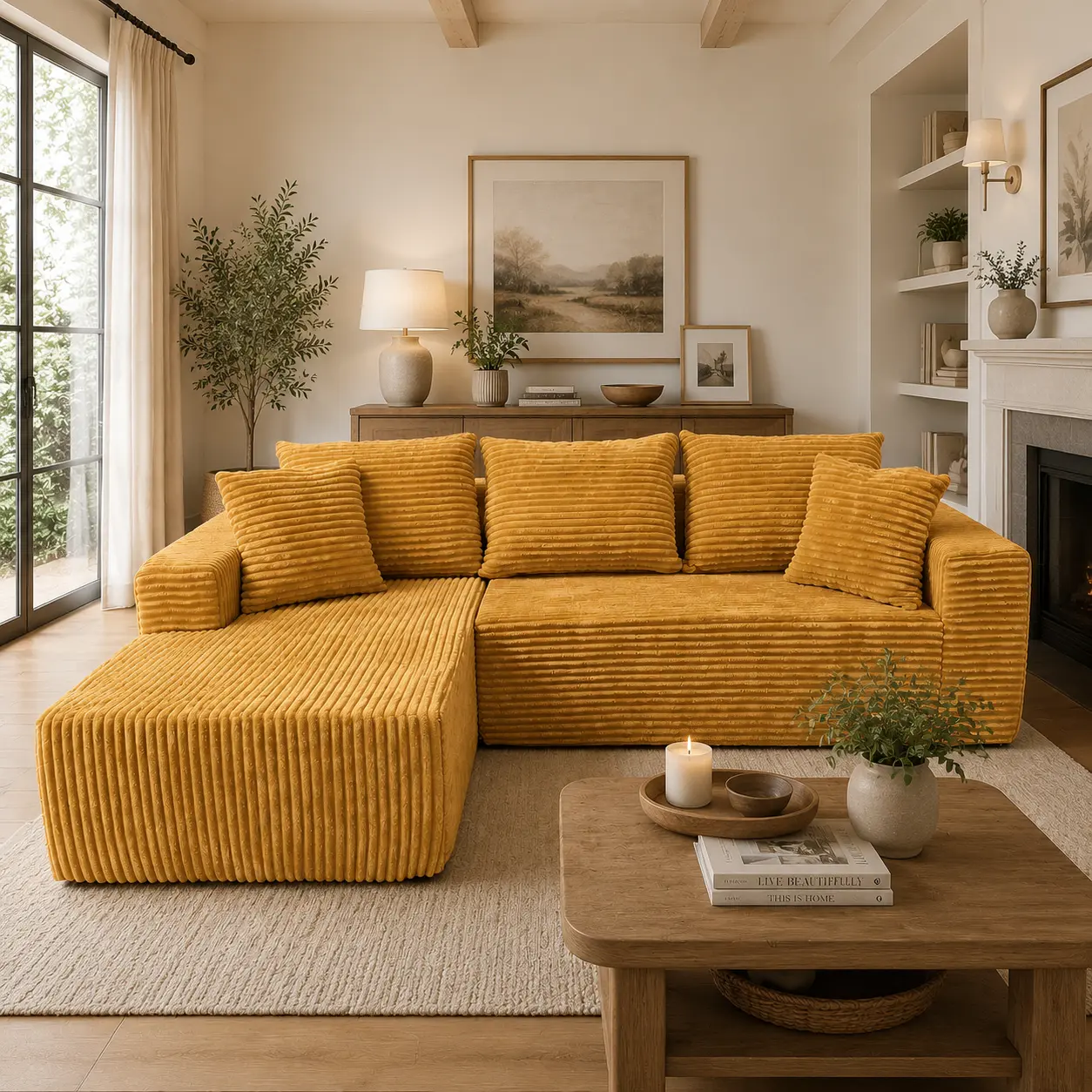96" Yellow L-Shaped Sectional Sofa Couch, Modern Chenille Boneless Cloud Sofa with No Assembly Required, Oversized Modular Deep Seat Comfy Couch Set, Flexible Configuration Living Room Furniture L- shapes of a