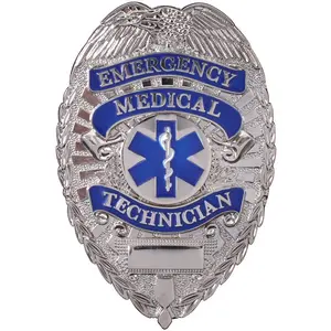 Silver Deluxe Emergency Medical Technician EMT Badge - Star of Life Uniform Shield Pin-On Badge