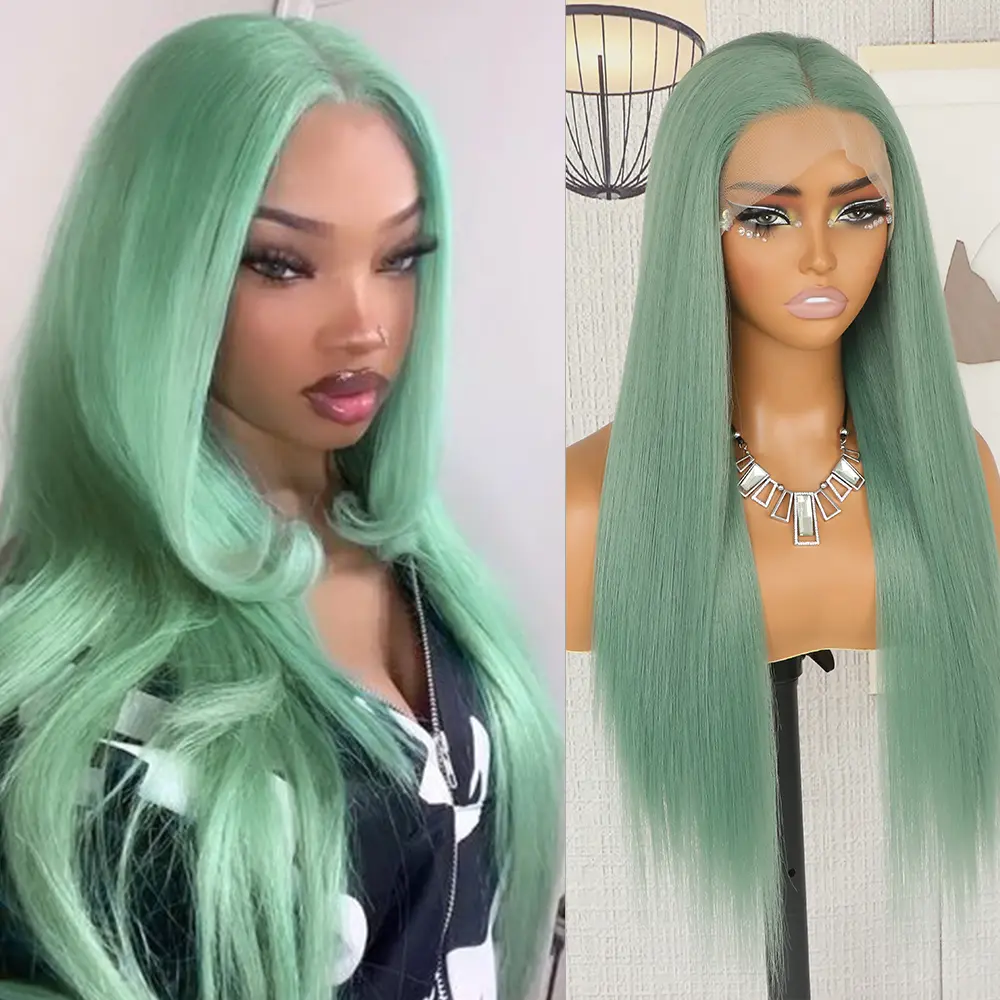 Female Glueless Frontal Wig - 28in Pre-Plucked Long Straight Heat-Resistant Synthetic Hair, 13X4 Free Part, 180% Density Mint Green Lace Front Wig for Daily Wear & Christmas Party Use