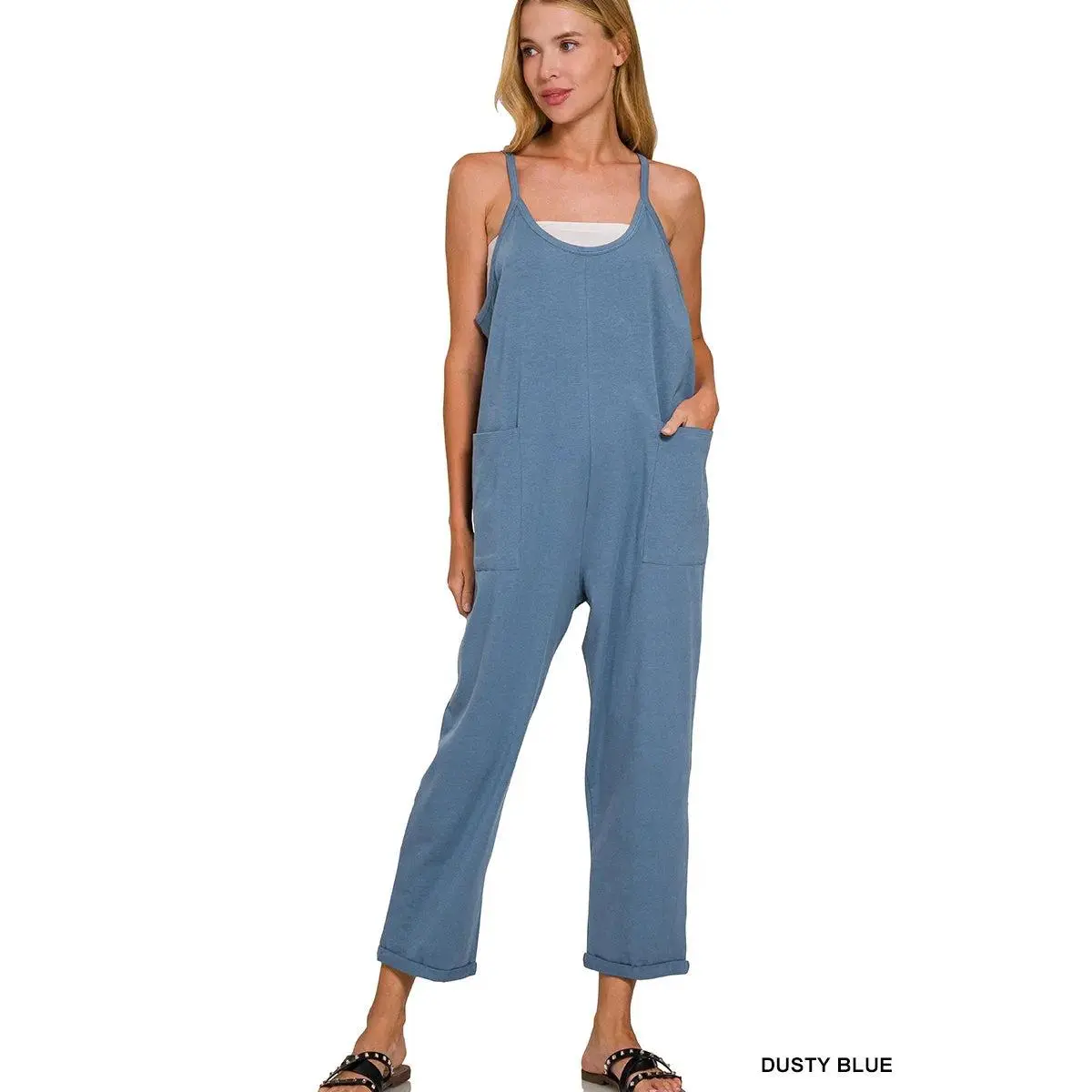 Zenana Women's Modest Chic Fitted Cotton Jumpsuit with Pockets - Plain Sleeveless Spaghetti Strap Design, Multi-Size, Slight Stretch, Any Occasion, L/Xl, Casual, Spandex, Style, Strappy, Basic, Comfortable, Spaghetti Straps, Machine Wash, Pocketed, Machin