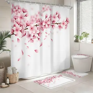 Creative Cherry Blossom Shower Curtain Set, Waterproof Polyester, Includes Hooks, Toilet Lid Cover, Mat, Home Decor, Ideal Gift, Shower Essentials