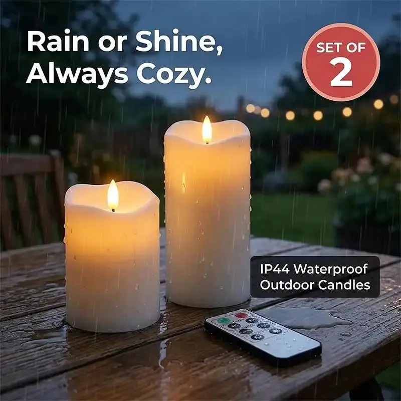 Wonder Fonder 2-Pack Outdoor Waterproof Flameless Candles, Realistic Twinkling LED, 2400+ Hrs runtime, Remote & Timer, Patio & Home Decor (White, 3"x4"/6")