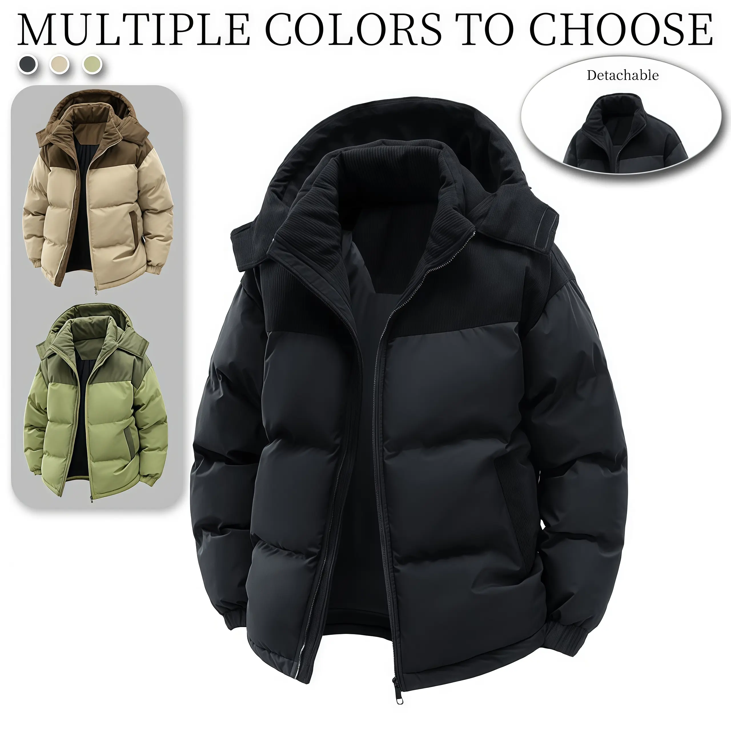 Autumn Winter Men's Colorblock Cotton Jacket with Detachable Hood Warm Windproof Cold-Resistant Overcoat Loose Fit Unisex Versatile Top Multiple Colors Black Casual Beige Stylish winter outfits western outfits quilted jacket summervibes☀️