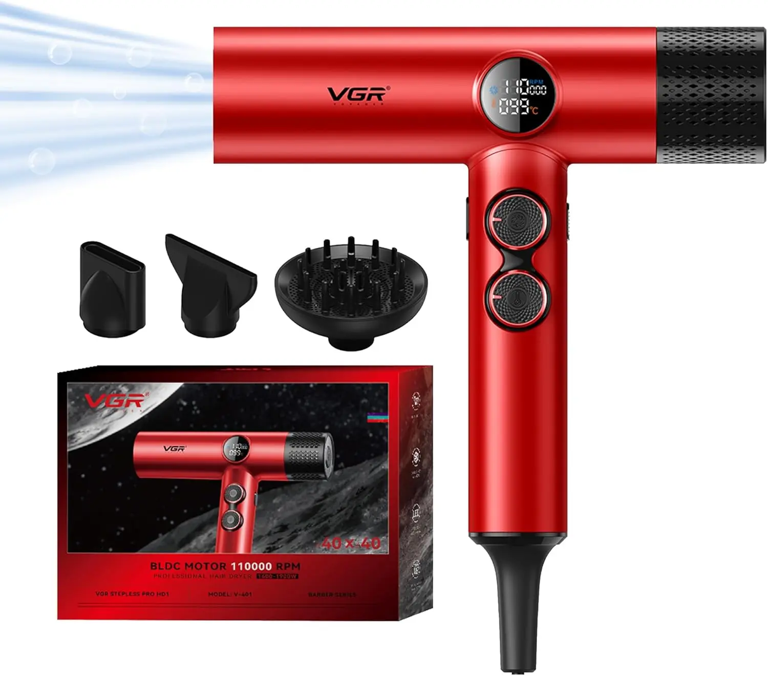VGR 401 Negative Ionic Hair Dryer, Professional BLDC Motor Blow Dryer for Fast Drying, LED Display Low Noise Thermo and RPM-Control Hairdryer, Travel with Magnetic 1 Diffuser & 2 Nozzle