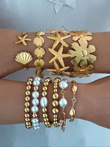 Ocean Life Starfish Beaded Bracelet Set, Flower Bracelet, Casual Zinc Alloy Bangle Jewelry for Women, All Season Beach Vacation Gift