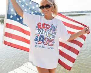 Comfort Colors Custom Red White and Due 4th of July Pregnancy Announcement Shirt, Personalized Fourth of July Gender Reveal Tank, FOJ Maternity Tee - AMBER