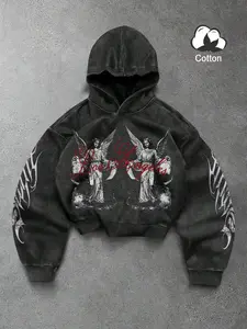 Men's Vintage Washed Gothic Angel Casual Hoodie, Base, 100% Cotton, Los Angeles Handwriting, Dual Angel Statue Graphic Print, Streetwear