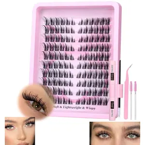 120 Pcs Lash Clusters Kit, 9-15MM Cat Eye Wispy Manga Eyelash Extensions, LC Curl Natural Fox Eye Individual Lashes with Lash Bond and Seal, Lash Applicator & 2 Brushes, DIY At Home Lash Extension Kit