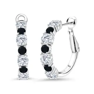 Gem Stone King 925 Sterling Silver White Moissanite and Black Onyx Hoop Earrings For Women (2.44 Cttw, Gemstone Birthstone, Round 4MM and 3MM)