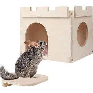 Castle Chinchilla House - Small Animal Hideout for Chinchilla Guinea Pig Hedgehog, or Rat - Ventilated Wooden Hamster Habitat with Multiple Doors - Made from Natural Wood