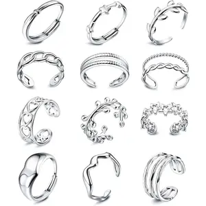 FLORIDECO 12Pcs Stainless Steel Rings Silver Aesthetic Jewelry Rings Adjustable Open Stackable Rings for Women Trendy Knuckle Thumb Finger Rings Size 6-9 Indie Rings Daily