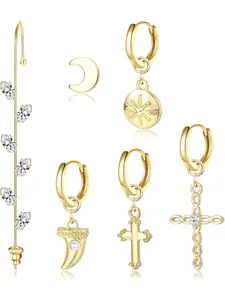 6 PCS Huggie Hoop Earrings and Crawler Hook Earring for Women Egirls Ankh Earrings CZ Rhinestone Thread Cross Bird Moon Stud Cartilage Earrings Small Dangle Earrings with Charm Multiple Piercings Set