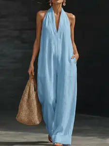 2026 New Women's Halter Sleeveless Jumpsuit, Summer Loose Wide Leg Solid Color Long Pants, Elegant Vacation Style