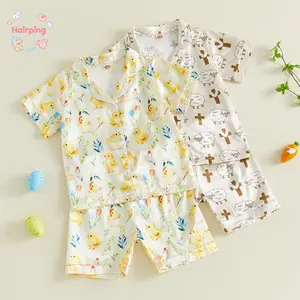 Kids Easter Satin Pajama Set, Short Sleeve Button-Down Chick Print & Sheep Cross Print Pajamas, Soft Satin Loungewear for Boys & Girls, Perfect for Easter Morning & Family Photos