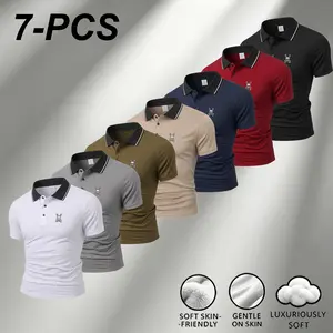 Men's printed polo shirt with contrast collar, breathable slim fit, short sleeves for business casual wear, mesh fabric for breathability; trendy printed men's slim casual top Lapel Solid Color polo