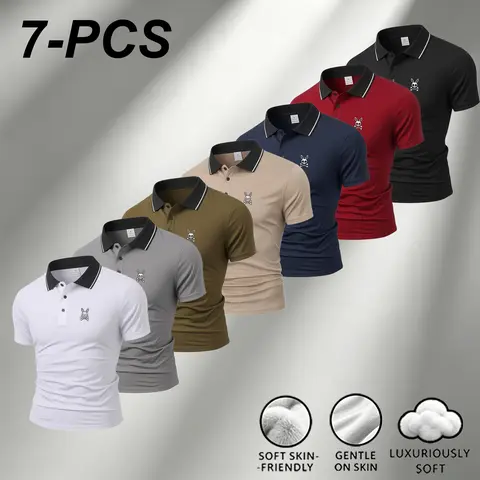 Men's Knit Printed Polo Shirt - Contrast Collar, Slim Fit, Short Sleeves, Honeycomb Mesh Breathable Fabric, Cartoon Design, Smart Casual Style for Business Wear, Lapel Top, Chic, Embroidered