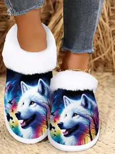 Women's Cozy Winter Wolf Print Slippers, Warm Fleece Lined, Non-Slip Rubber Sole, Slip-On House Shoes, Casual Winter Wear