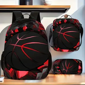 3pcs Unisex Backpack Set with Cool Basketball Sports 2D Print, Adjustable Shoulder Straps, and Zipper Closure. The Set Includes a Backpack, a Crossbody Bag, and a Pencil Case, Suitable for School, Travel, and Camping, for Teenager