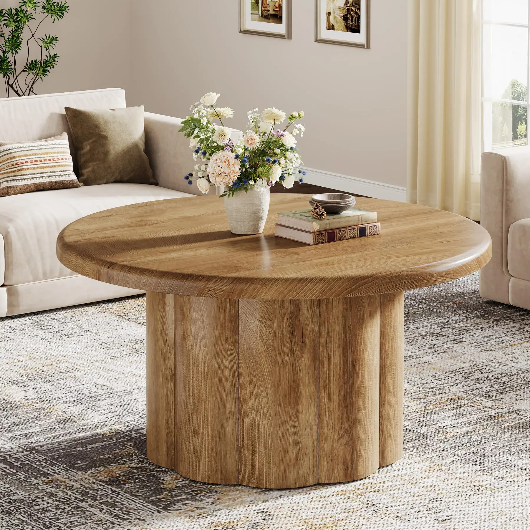 Tribesigns 31.5" Round Coffee Table with Fluted Drum Base, Farmhouse Circle Centerpiece for Living Room, Small Space Wood Furniture, Brown