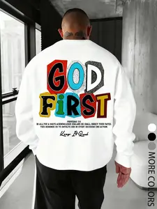 Unisex Y2K Style Aesthetic God Is First Slogan and Bible verse prints Long Sleeve Thickened Fitted Fall Winter Round Neck Pullover Sweatshirt, Streetwear Faith believer culture Casual Men's Gift Tops