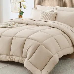 Queen Comforter Set, Beige 7 Pieces Bed in a Bag Queen, Complete Bedding Set Includes Comforter, Flat Sheet, Fitted Sheet, Pillowcases and Pillow Shams, Beige