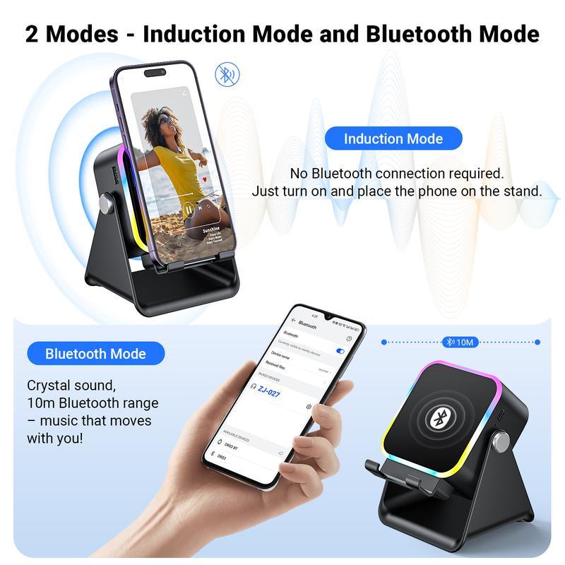 2026 5-in-1 Inductive Bluetooth Speaker with Phone Stand & Amplifier Rechargeable Color Lights Compatible with iPhone & Android Perfect Birthday Gift for Teens