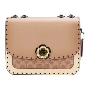 COACH Madison 24 Camellia Logo Turn-Lock Leather Crossbody Bag for Women in Taupe