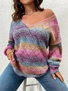 Plus Size V Neck Casual Loose Ombre Drop Shoulder Pointelle Knit Sweater, Drop Shoulder Design and Hollow Out Patterns for Cozy Style