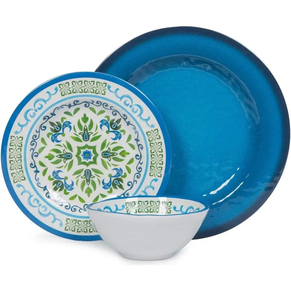 Molidiki 12 Piece Melamine Dinnerware Set Unbreakable Plates And Bowls Sets 4 Dinner Plates & 4 Salad Plates & 4 Cereal Bowls,Camping Dishes Set For Indoor/Outdoor Use, Dishwasher Safe Service For 4