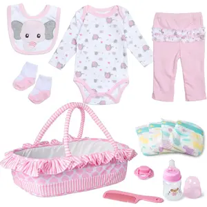 Reborn Baby Doll Clothes 18-22 Inch Pink Elephant Newborn Reborn Baby Clothes with Bassinet 20 inch Doll Accessories 12 Pcs Outfits