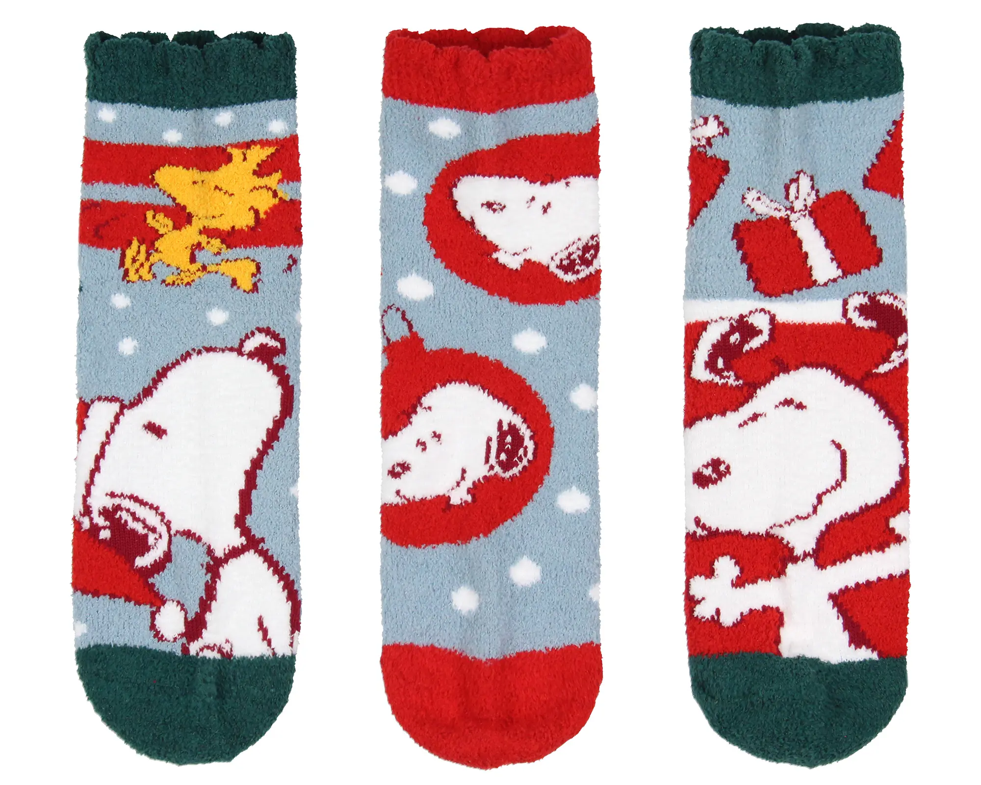 Peanuts Adult Snoopy and Woodstock Holiday 3 Pair Chenille Quarter Crew Socks with Scalloped Cuff (Sock Size 9-11)