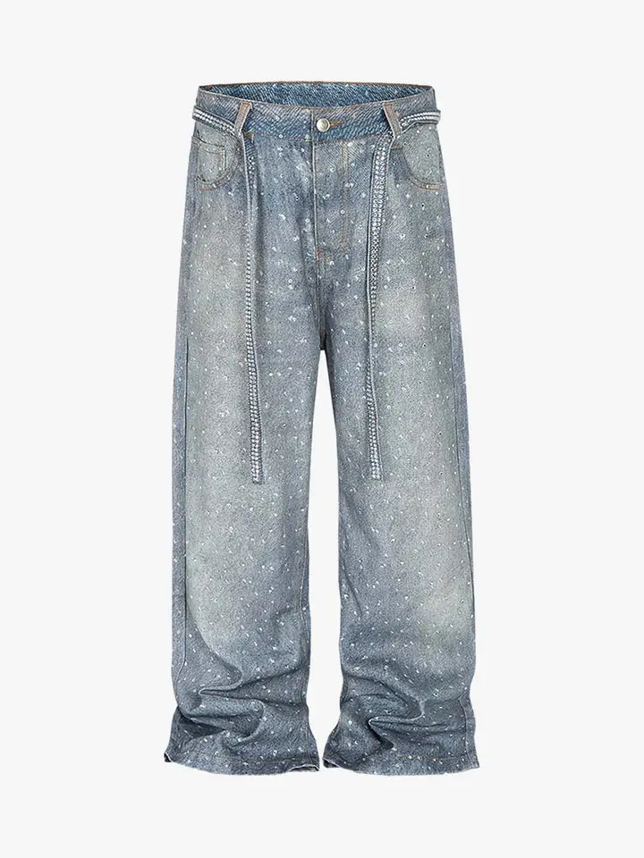 Supermade Men's Casual Street Style Jeans, Distressed Print Denim Pants with Diamond Decorated Belt, Menswear, Graphic, Stylish, Jeans Pants