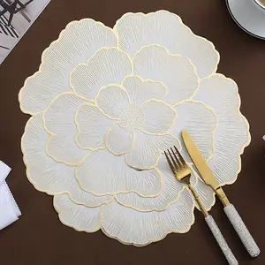 6-Piece Creative Peony Nordic Style Gold Foil Decorative Table Mats Placemat, Waterproof Non-Slip Heat Resistant Washable Dining Mat Set