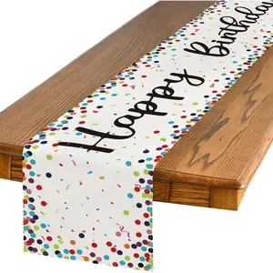 Polka Dot Beige Happy Birthday Table Runner, Seasonal Kitchen Dining Table Decoration for Home Party Decor